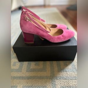J. Crew Ankle Wrap Lucite Suede Heels in Vivid Flamingo